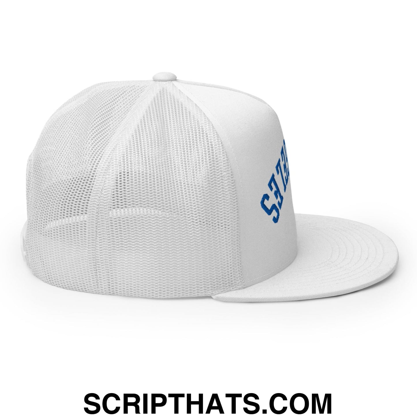 Upside Down LA Los Angeles Baseball Embroidered Flat Bill Brim Mesh Trucker Hat White