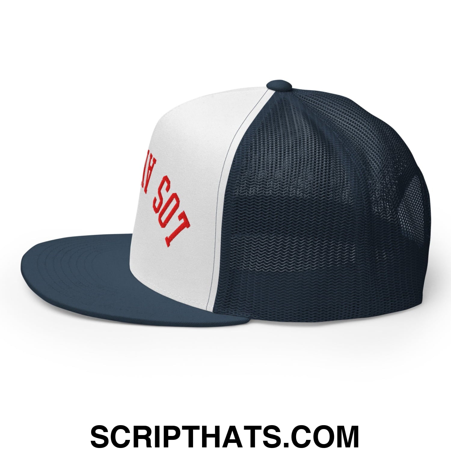 Upside Down LA Los Angeles Baseball Embroidered Flat Bill Brim Mesh Trucker Hat Navy White Navy