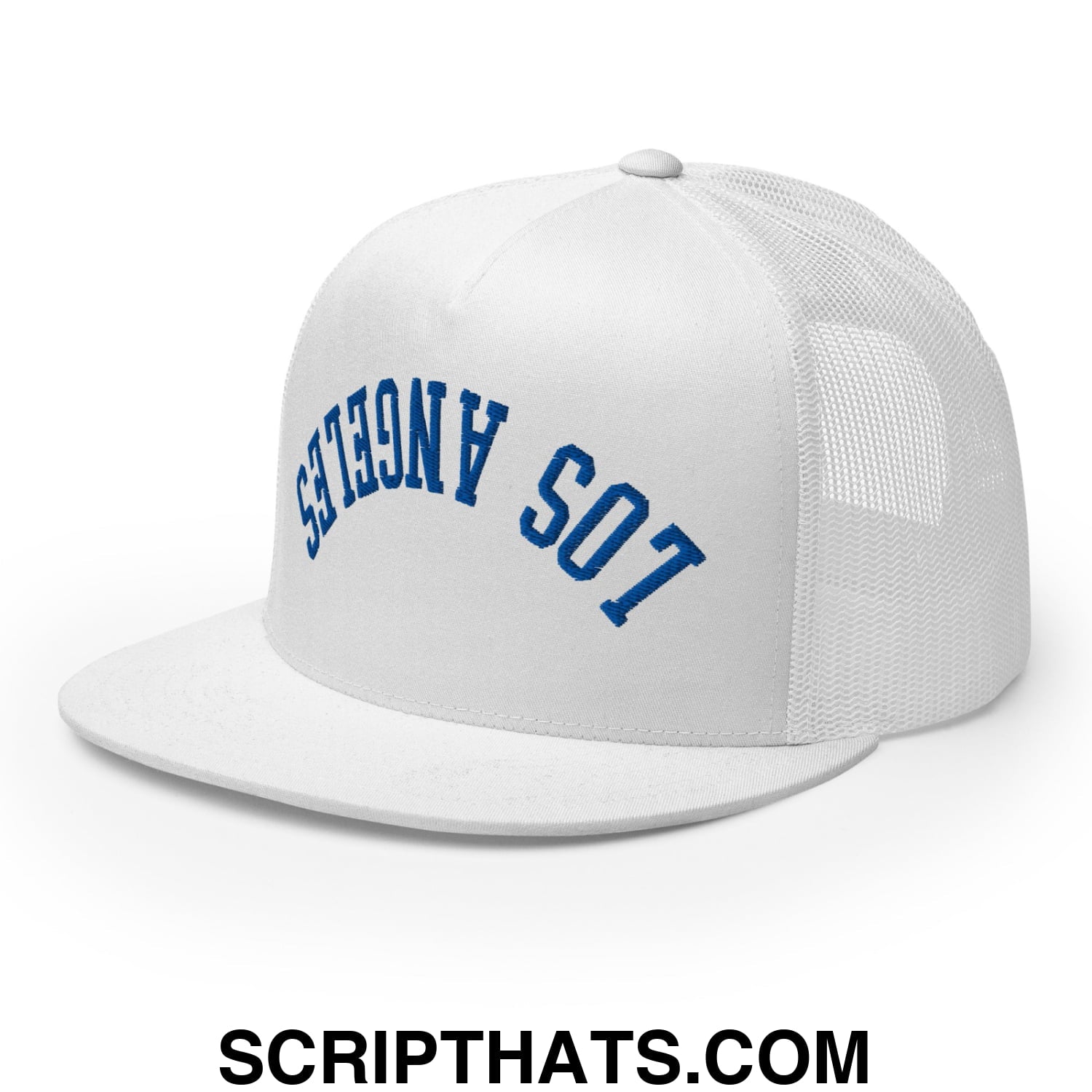 Upside Down LA Los Angeles Baseball Embroidered Flat Bill Brim Mesh Trucker Hat White