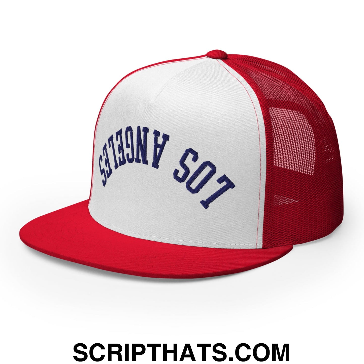 Upside Down LA Los Angeles Baseball Embroidered Flat Bill Brim Mesh Trucker Hat Red White Red