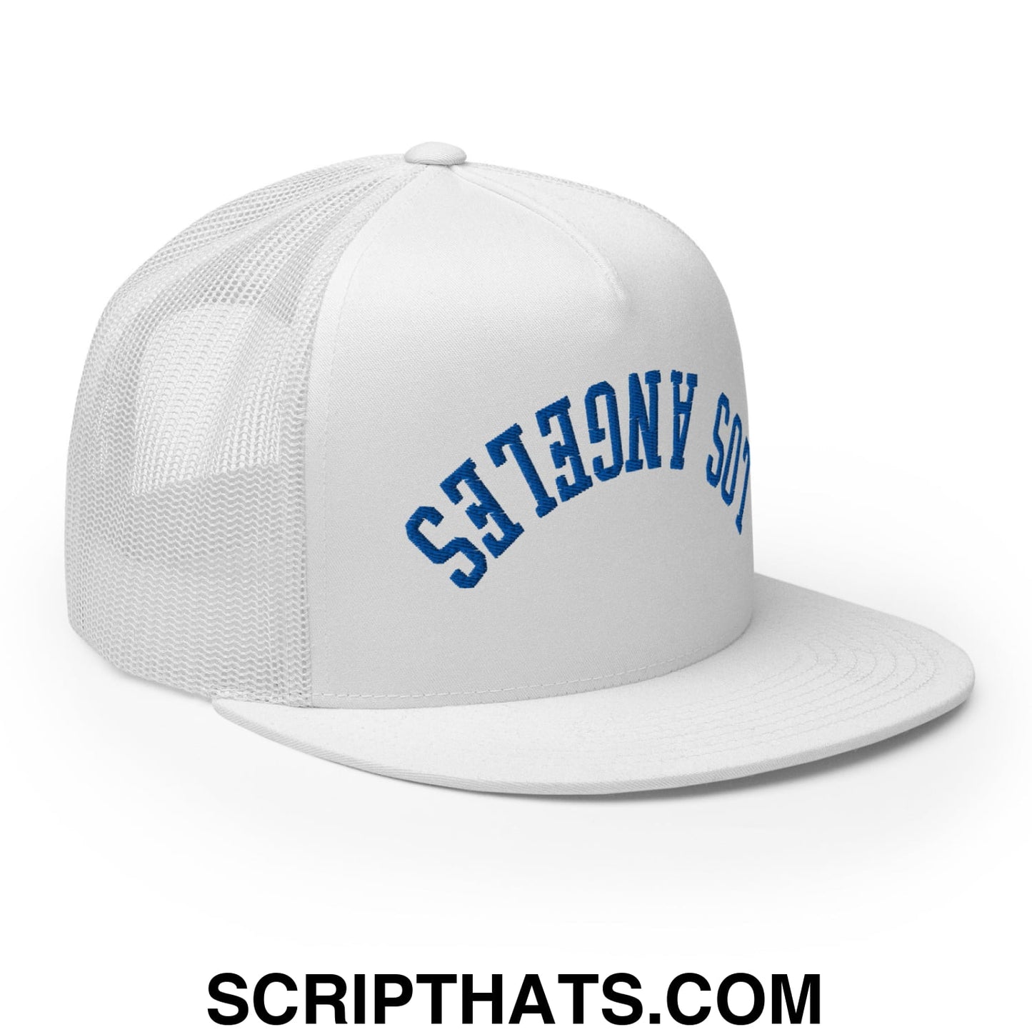 Upside Down LA Los Angeles Baseball Embroidered Flat Bill Brim Mesh Trucker Hat White