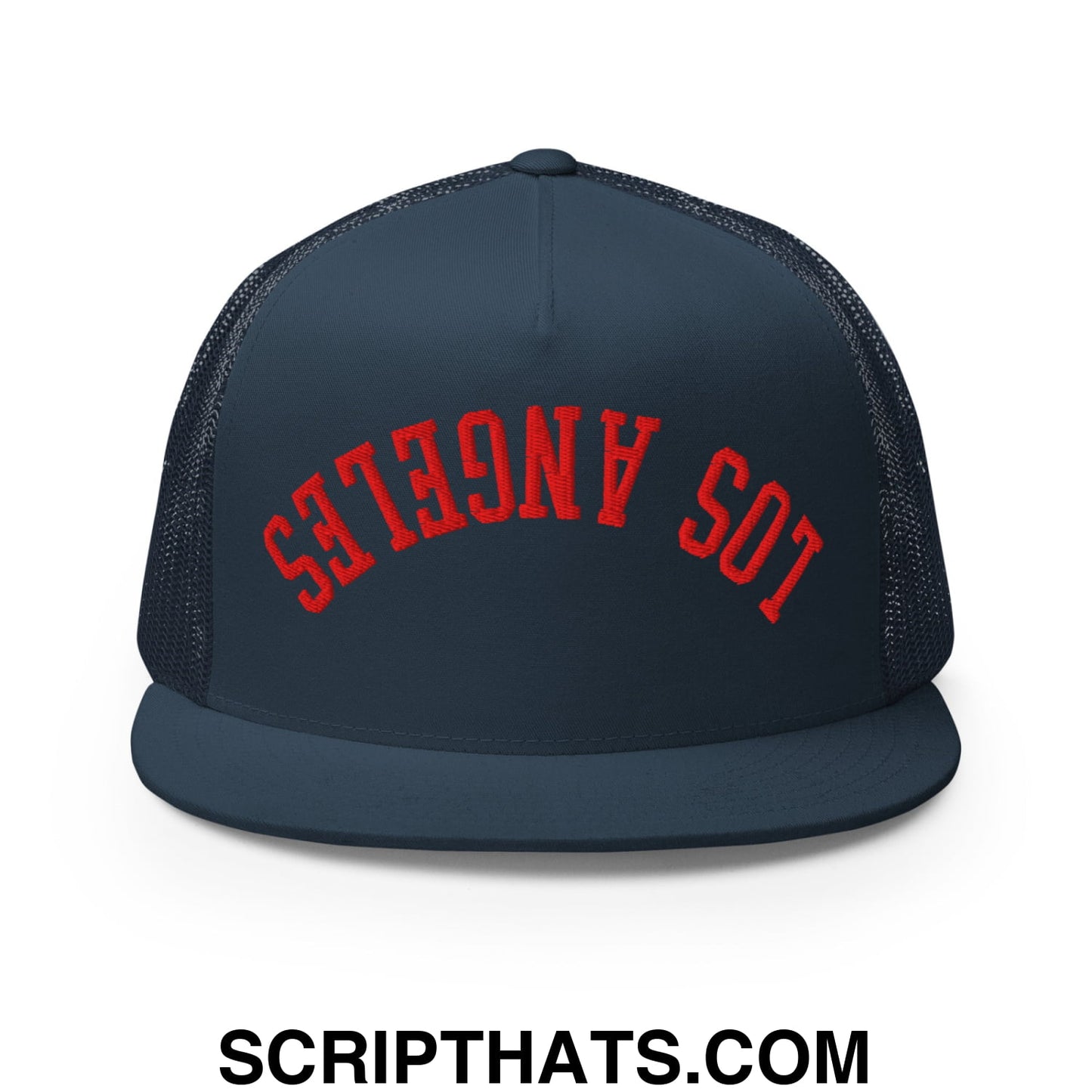 Upside Down LA Los Angeles Baseball Embroidered Flat Bill Brim Mesh Trucker Hat Navy