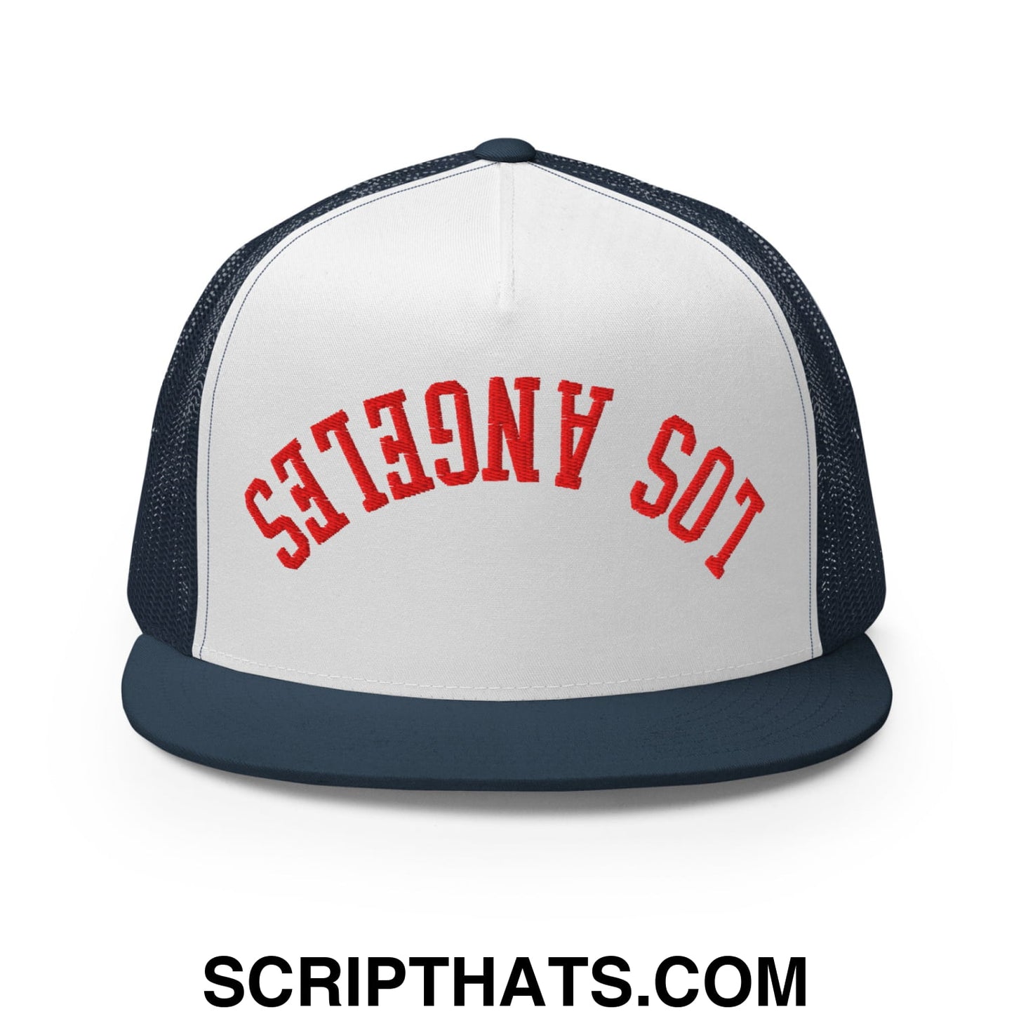 Upside Down LA Los Angeles Baseball Embroidered Flat Bill Brim Mesh Trucker Hat Navy White Navy