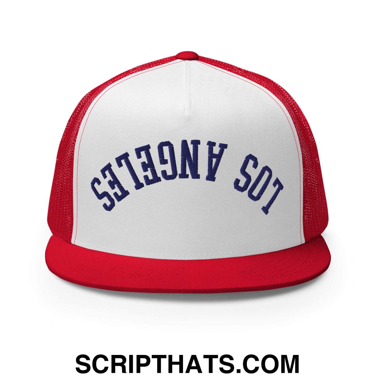 Upside Down LA Los Angeles Baseball Embroidered Flat Bill Brim Mesh Trucker Hat Red White Red