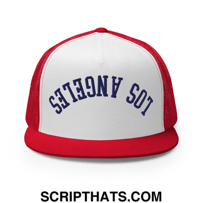 Upside Down LA Los Angeles Baseball Embroidered Flat Bill Brim Mesh Trucker Hat Red White Red