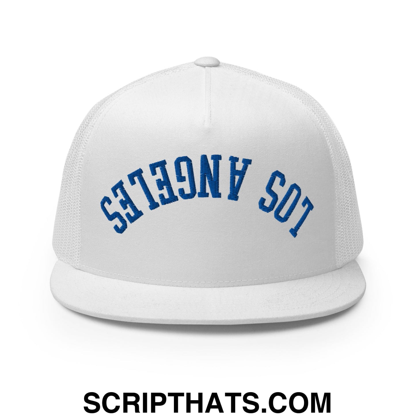 Upside Down LA Los Angeles Baseball Embroidered Flat Bill Brim Mesh Trucker Hat White