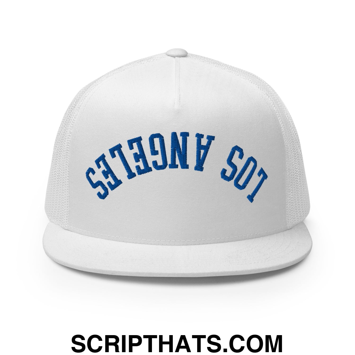 Upside Down LA Los Angeles Baseball Embroidered Flat Bill Brim Mesh Trucker Hat White