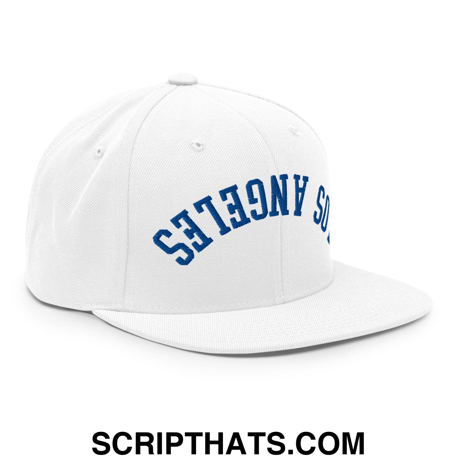 Upside Down LA Los Angeles Baseball Embroidered Flat Bill Brim Snapback Hat White