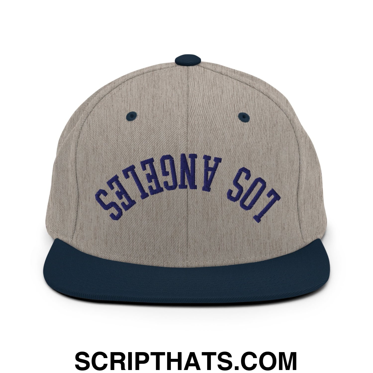 Upside Down LA Los Angeles Baseball Embroidered Flat Bill Brim Snapback Hat Heather Grey Navy