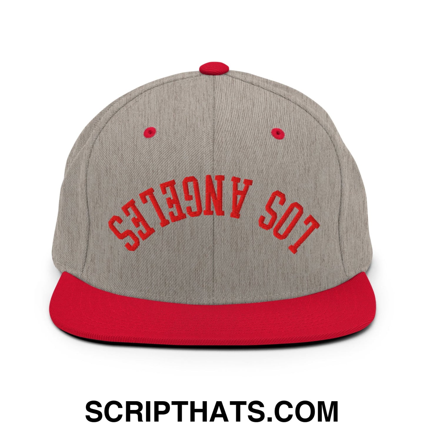 Upside Down LA Los Angeles Baseball Embroidered Flat Bill Brim Snapback Hat Heather Grey Red