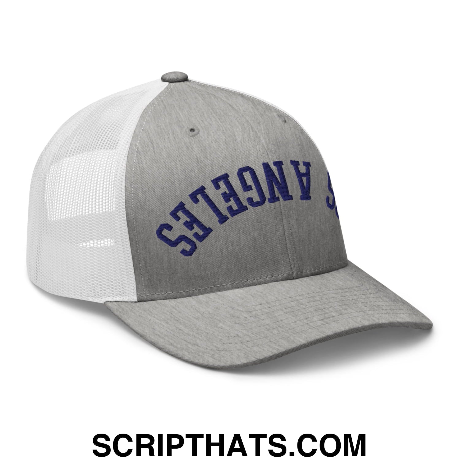 Upside Down LA Los Angeles Baseball Embroidered Mesh Trucker Hat Heather Grey White
