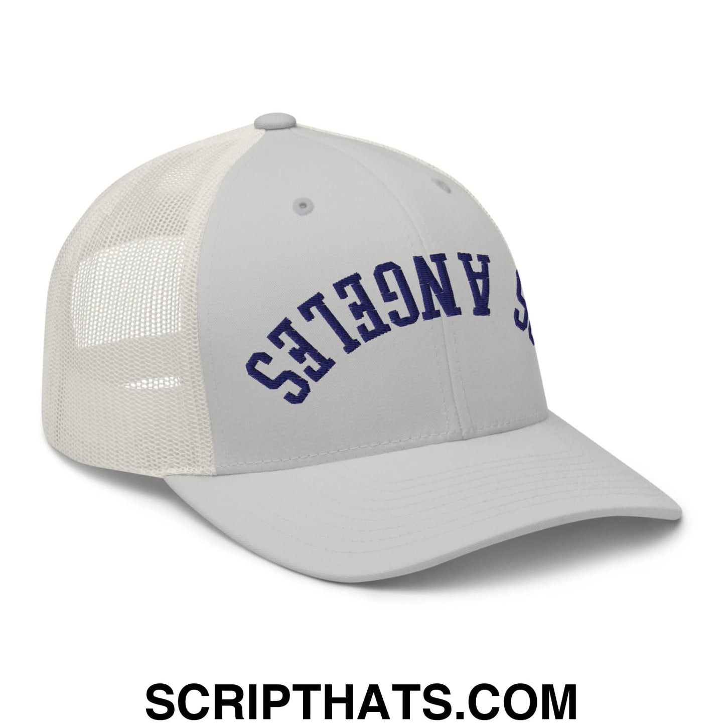 Upside Down LA Los Angeles Baseball Embroidered Mesh Trucker Hat Silver