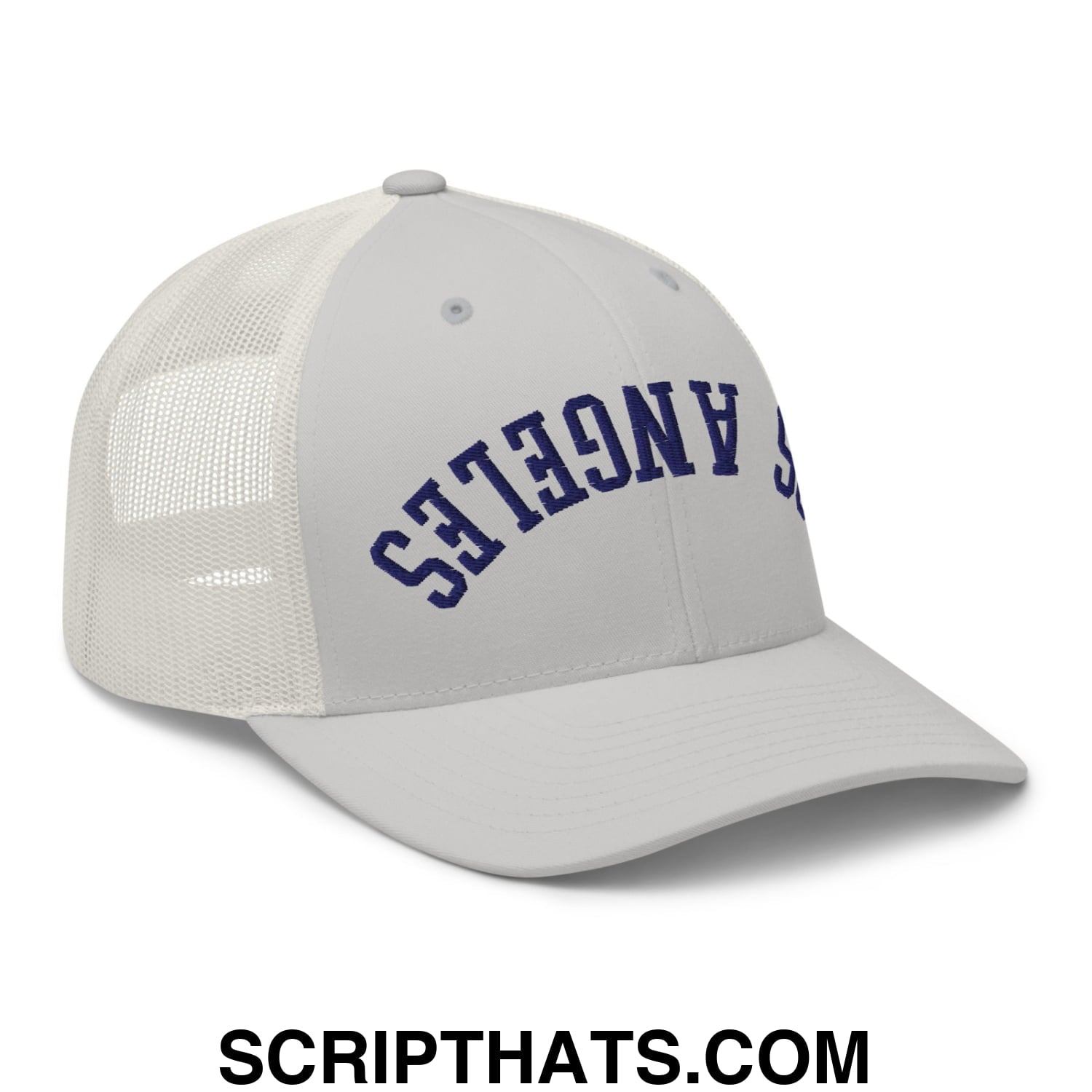 Upside Down LA Los Angeles Baseball Embroidered Mesh Trucker Hat Silver