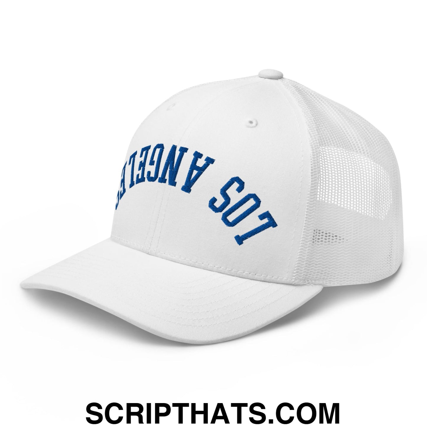 Upside Down LA Los Angeles Baseball Embroidered Mesh Trucker Hat White