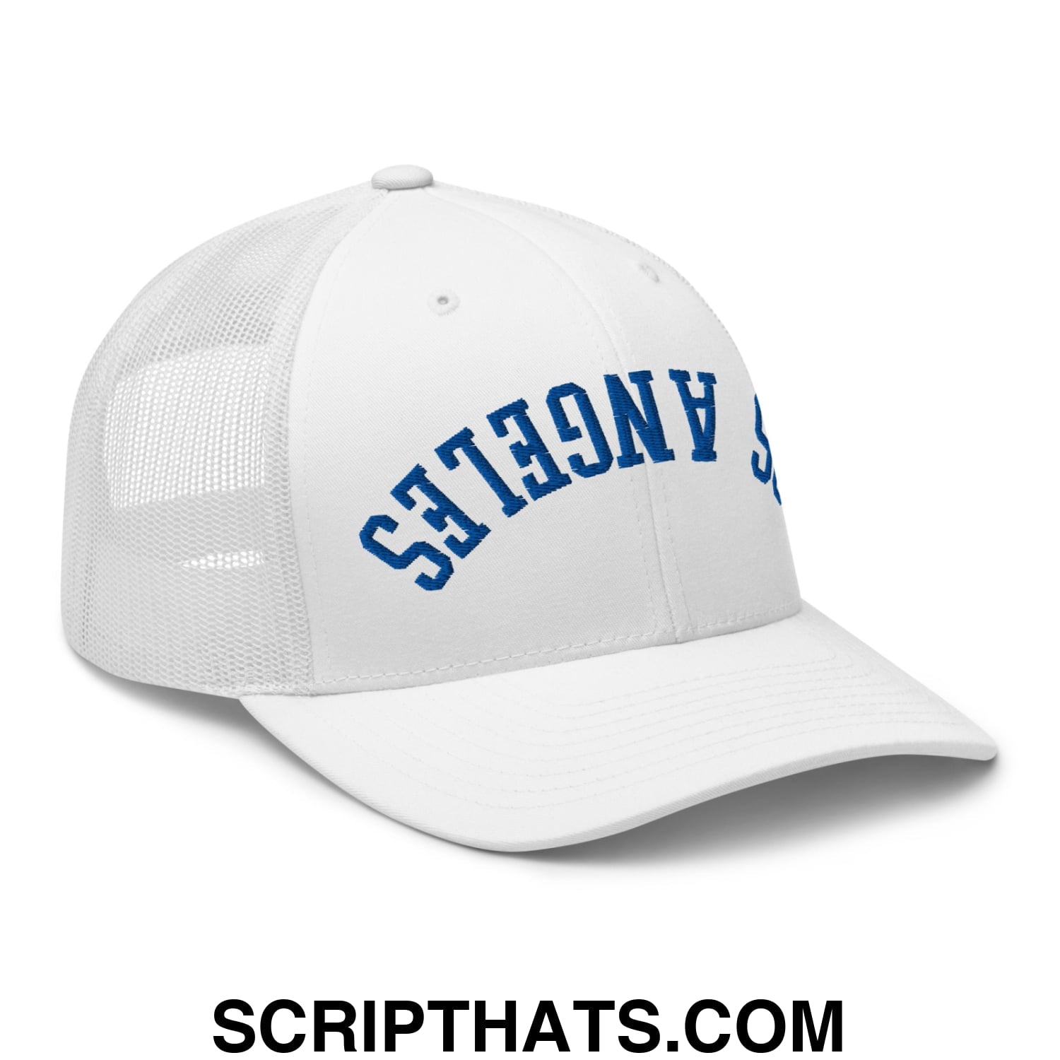 Upside Down LA Los Angeles Baseball Embroidered Mesh Trucker Hat White