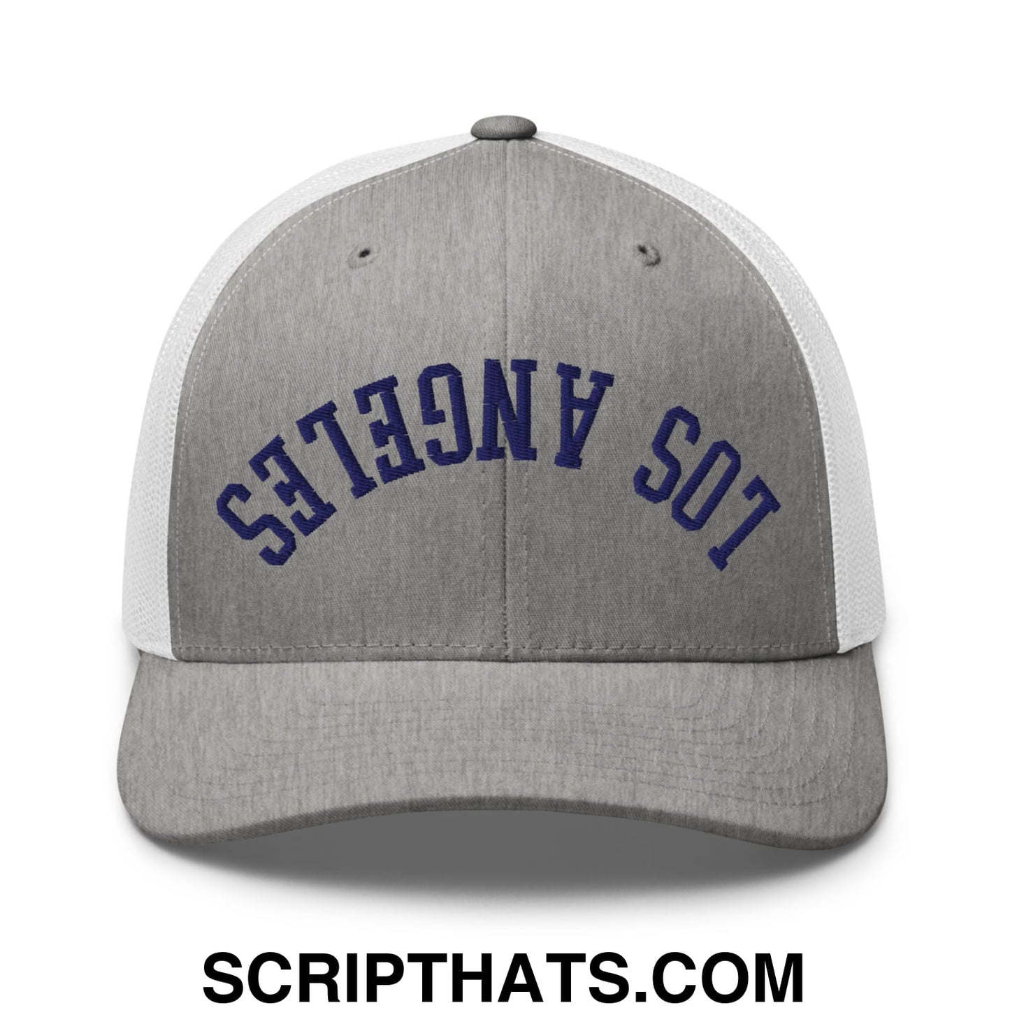 Upside Down LA Los Angeles Baseball Embroidered Mesh Trucker Hat Heather Grey White