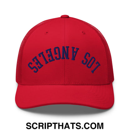 Upside Down LA Los Angeles Baseball Embroidered Mesh Trucker Hat Red