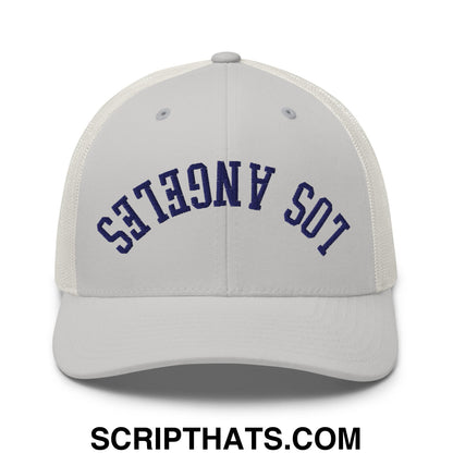 Upside Down LA Los Angeles Baseball Embroidered Mesh Trucker Hat Silver