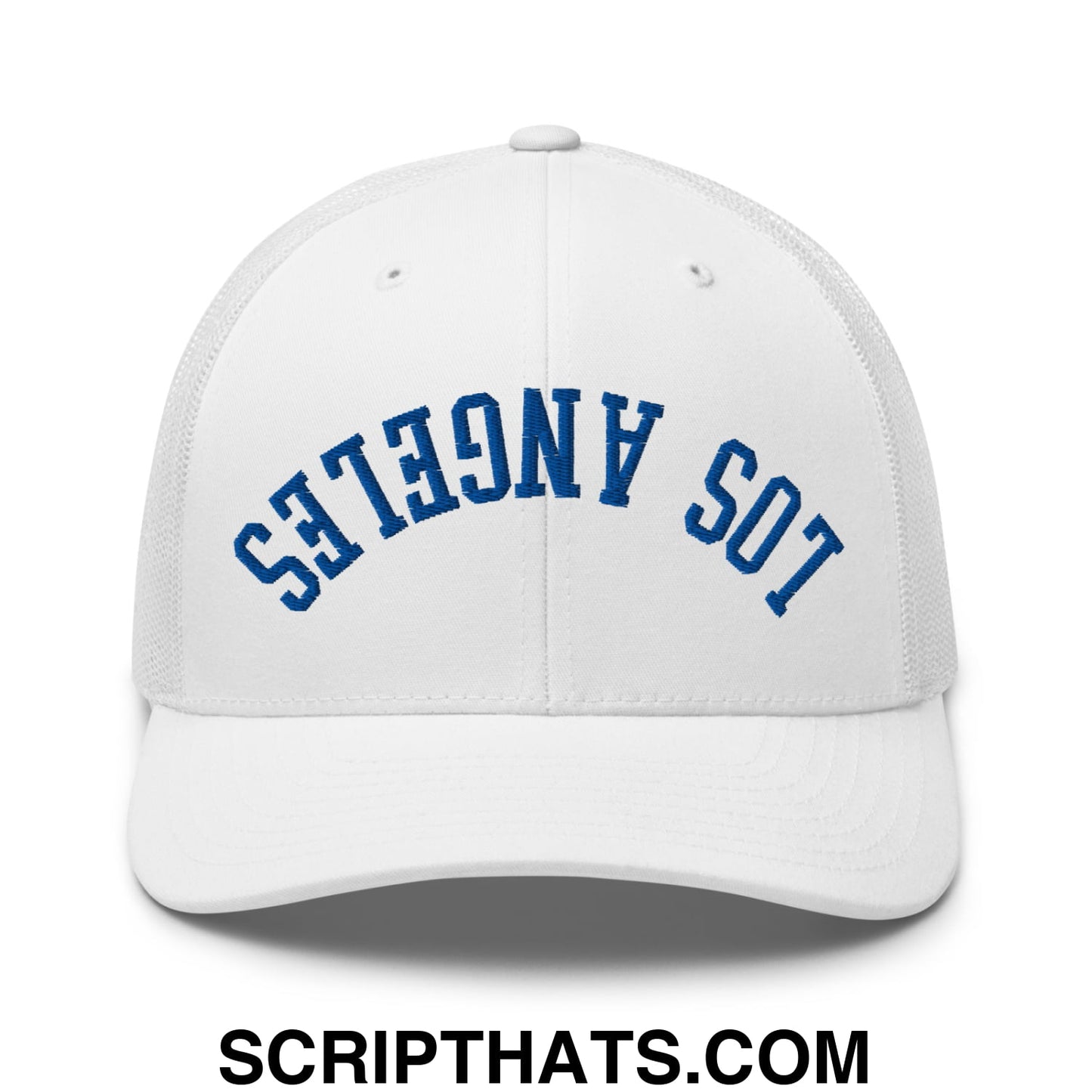 Upside Down LA Los Angeles Baseball Embroidered Mesh Trucker Hat White