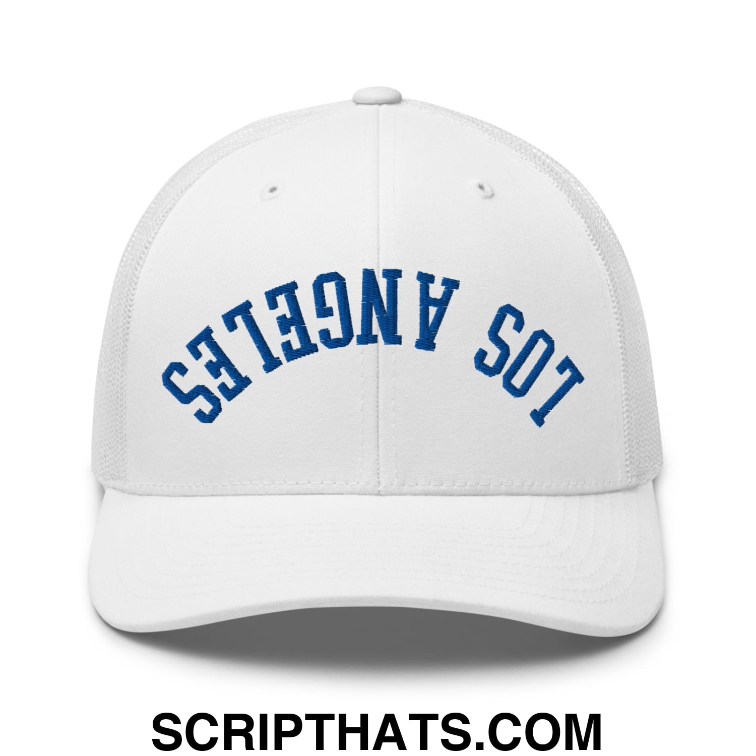 Upside Down LA Los Angeles Baseball Embroidered Mesh Trucker Hat White