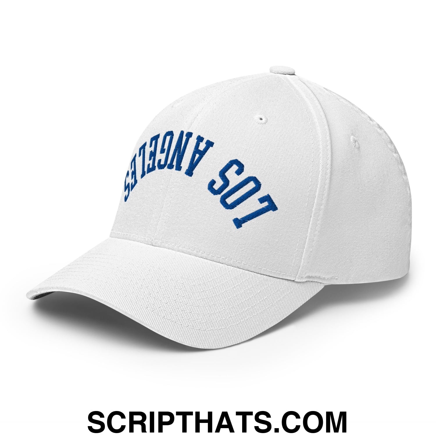 Upside Down LA Los Angeles Baseball Embroidered Stretch Fit Hat White