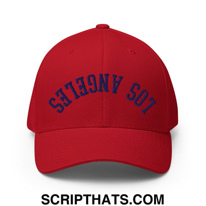 Upside Down LA Los Angeles Baseball Embroidered Stretch Fit Hat Red