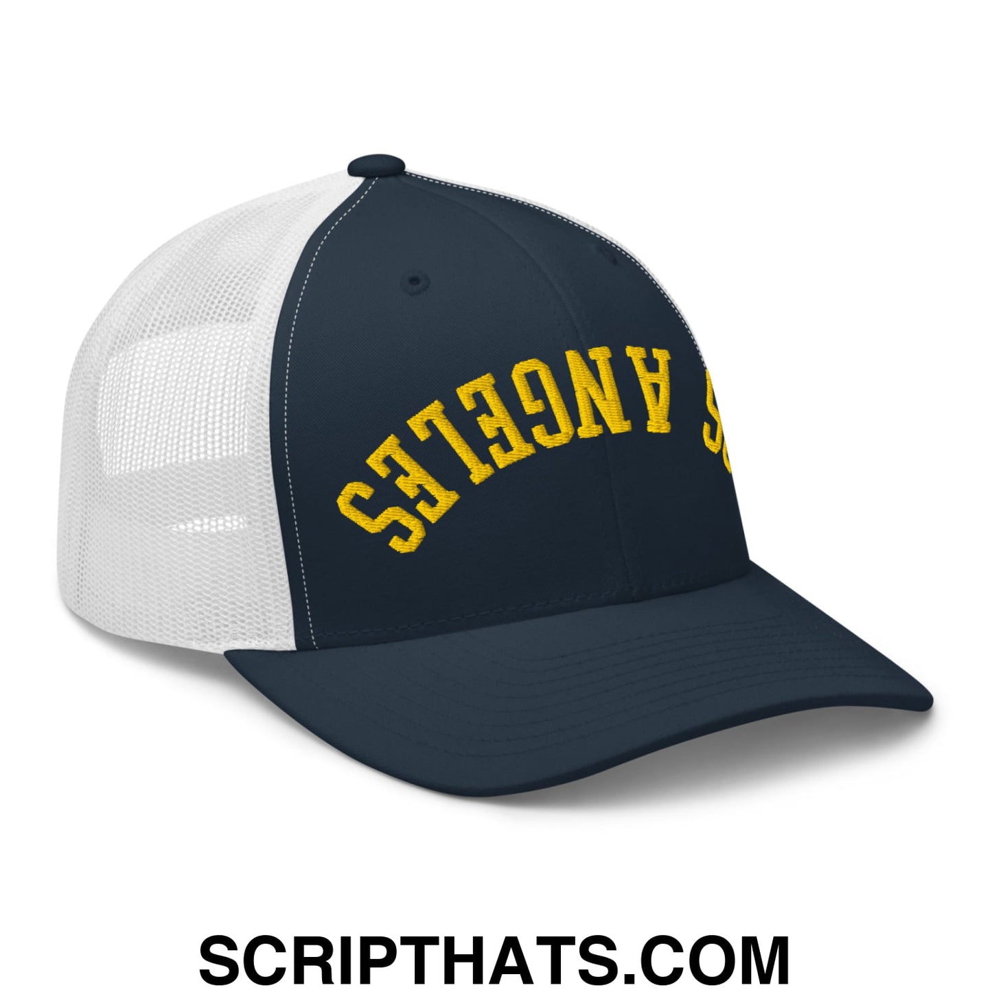 Upside Down LA Los Angeles Soccer Embroidered Mesh Trucker Hat Navy White