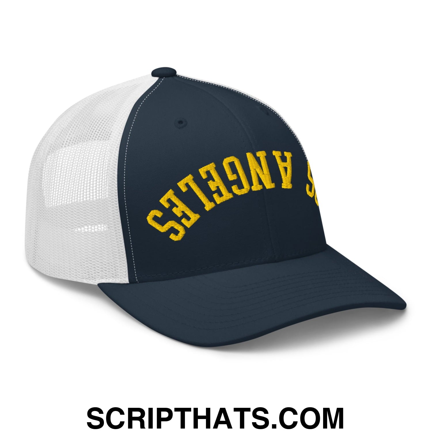 Upside Down LA Los Angeles Soccer Embroidered Mesh Trucker Hat Navy White