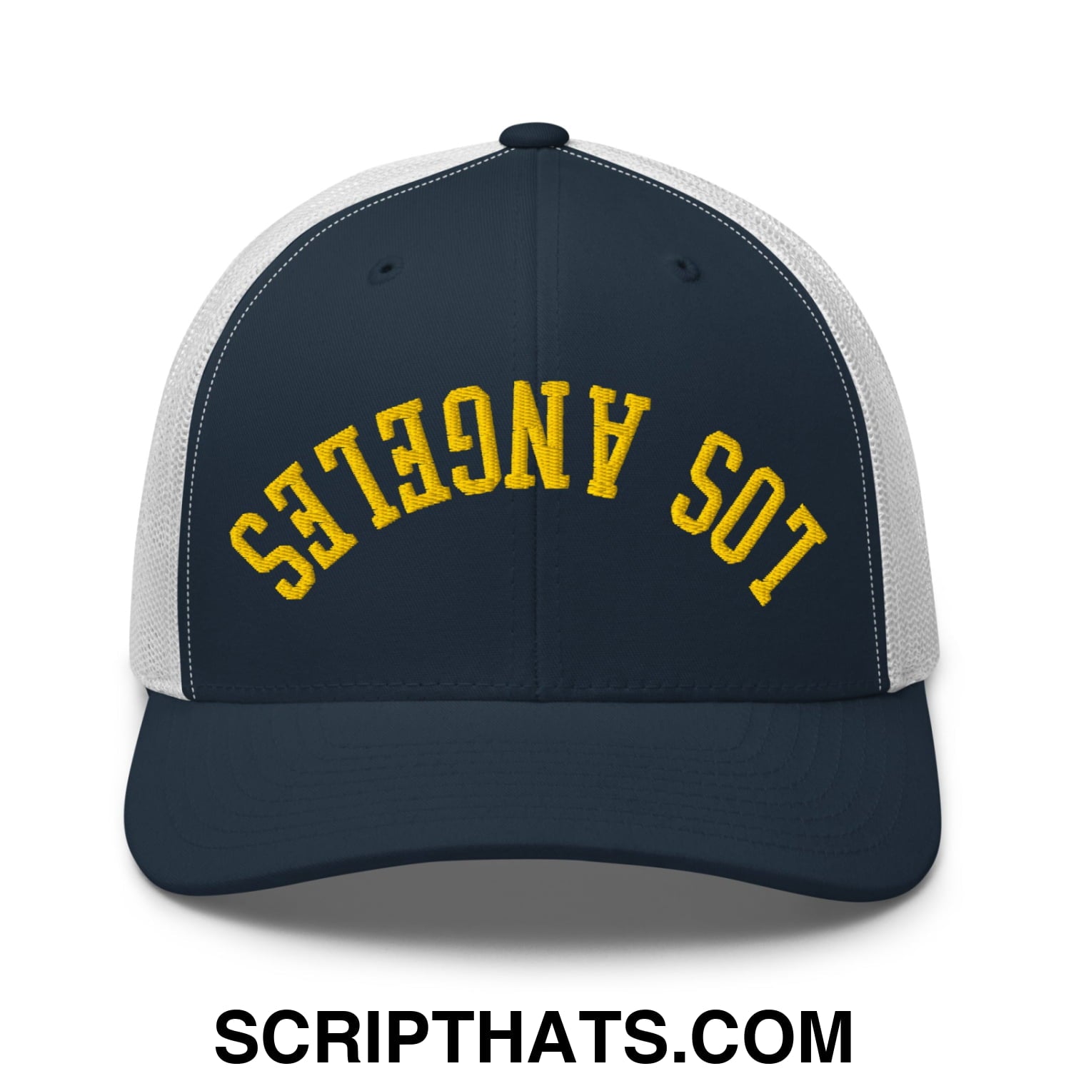 Upside Down LA Los Angeles Soccer Embroidered Mesh Trucker Hat Navy White