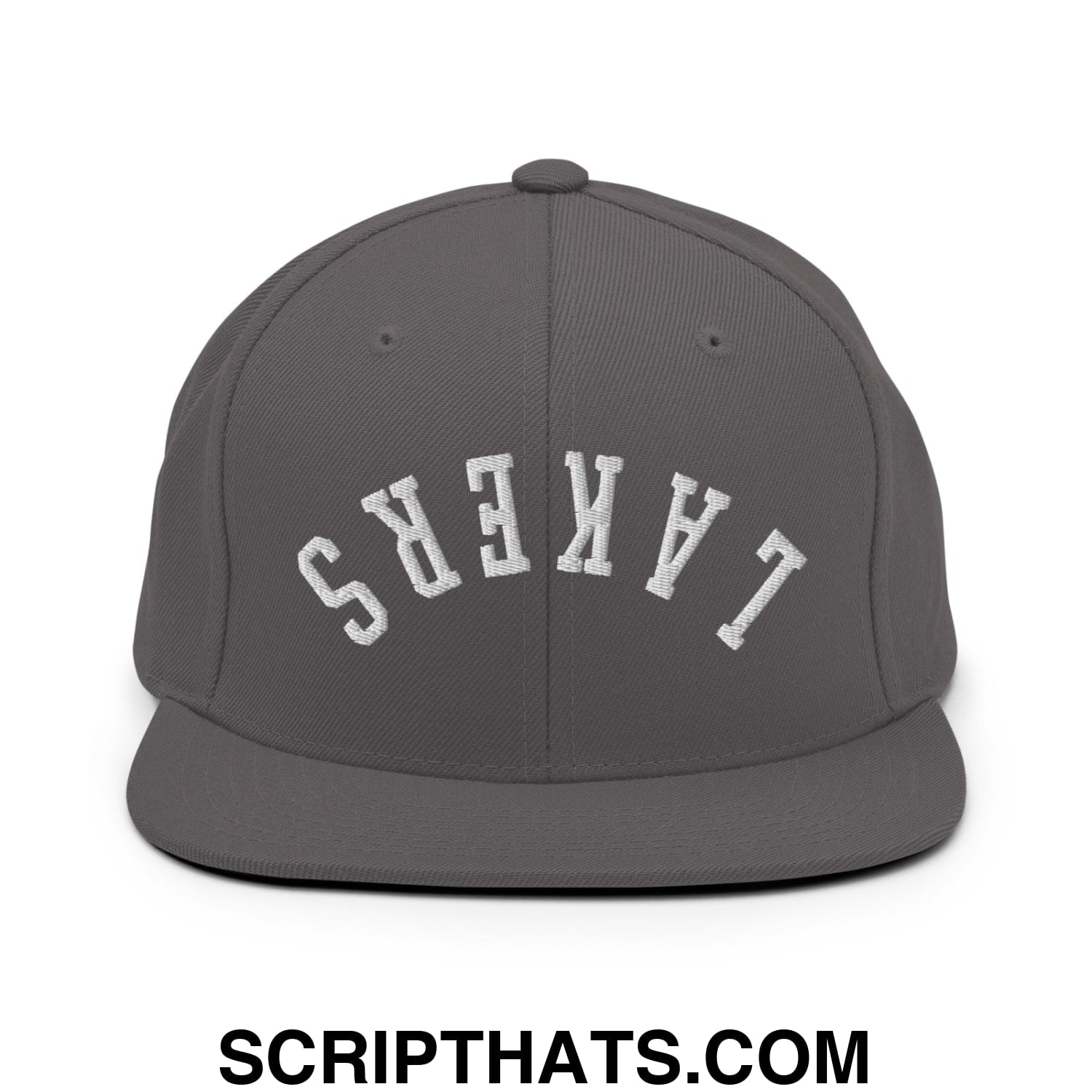 Gray snapback cap with white embroidered lakers lettering in arched design and flat bill brim