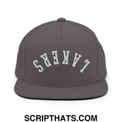 Gray snapback cap with white embroidered lakers lettering in arched design and flat bill brim