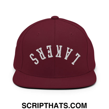 Maroon upside down lakers flat bill brim snapback hat with white embroidered arched lettering in cotton material