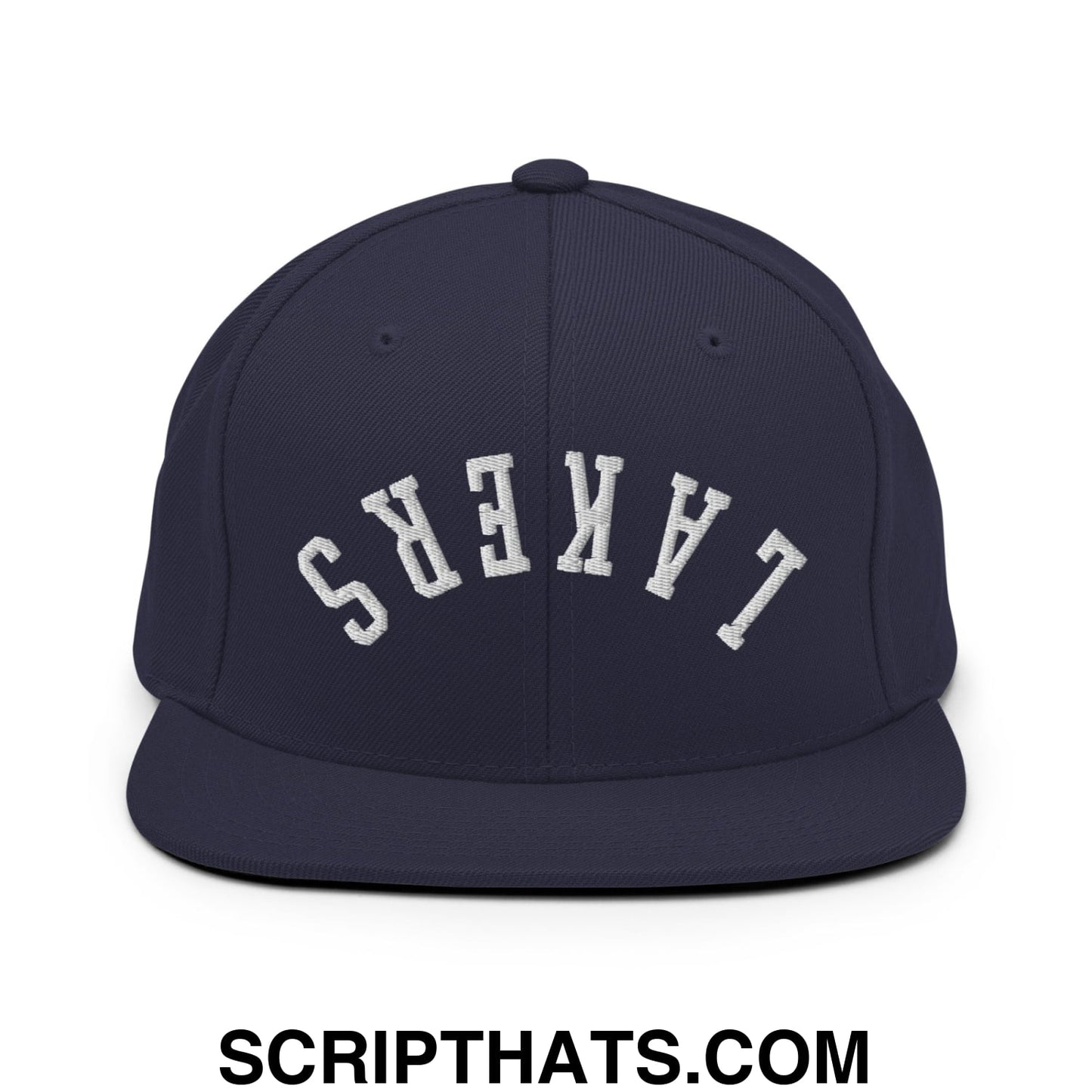 Navy blue snapback cap with white embroidered upside down lakers lettering and flat bill brim design