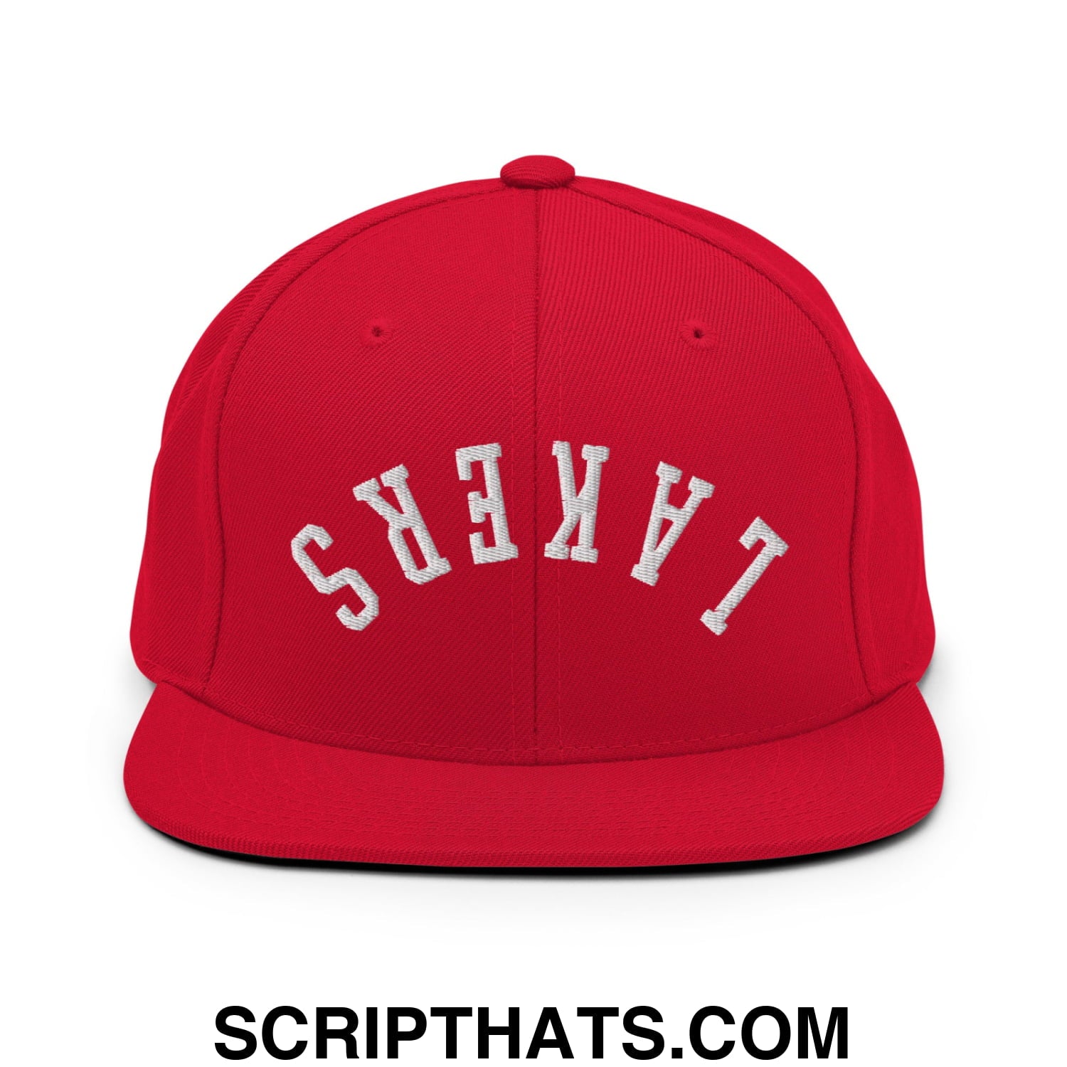 Red snapback hat with white embroidered upside down lakers lettering and flat bill brim for casual wear
