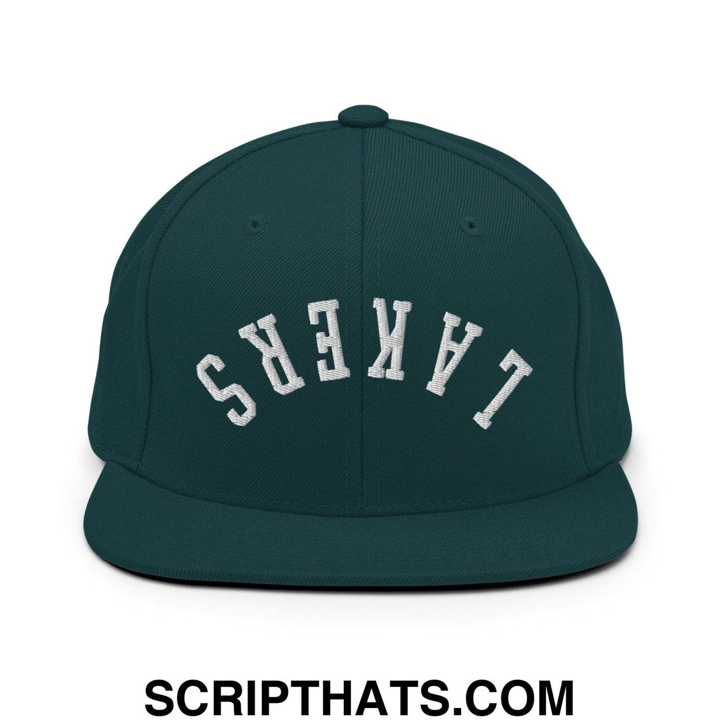 Dark green snapback hat with white embroidered upside down Lakers lettering and flat bill brim design