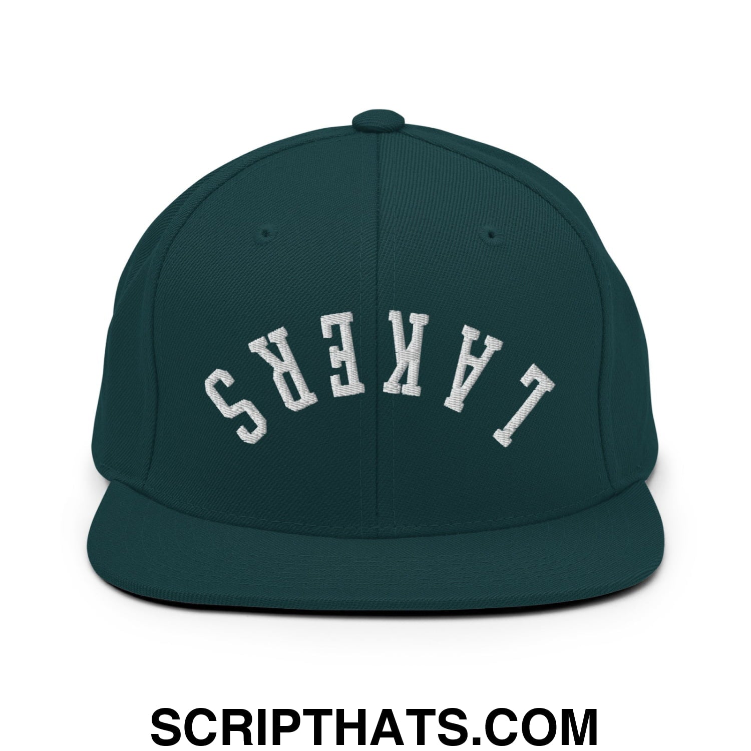 Dark green snapback hat with white embroidered upside down Lakers lettering and flat bill brim design