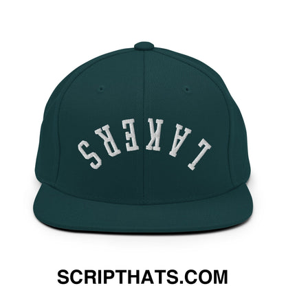 Dark green snapback hat with white embroidered upside down Lakers lettering and flat bill brim design