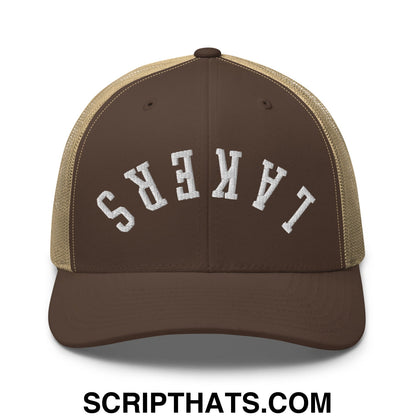 Brown and tan mesh trucker hat with white lakers embroidered in arched lettering on the front panel