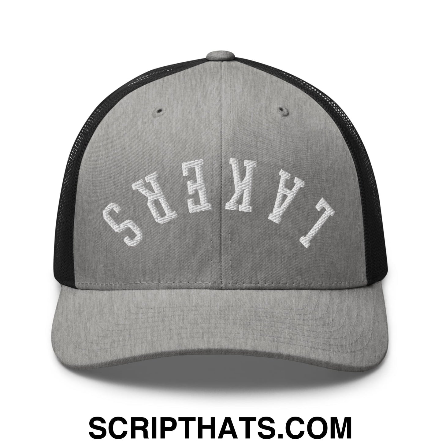 Gray and black mesh trucker hat with upside down lakers embroidered in white arched lettering across the front