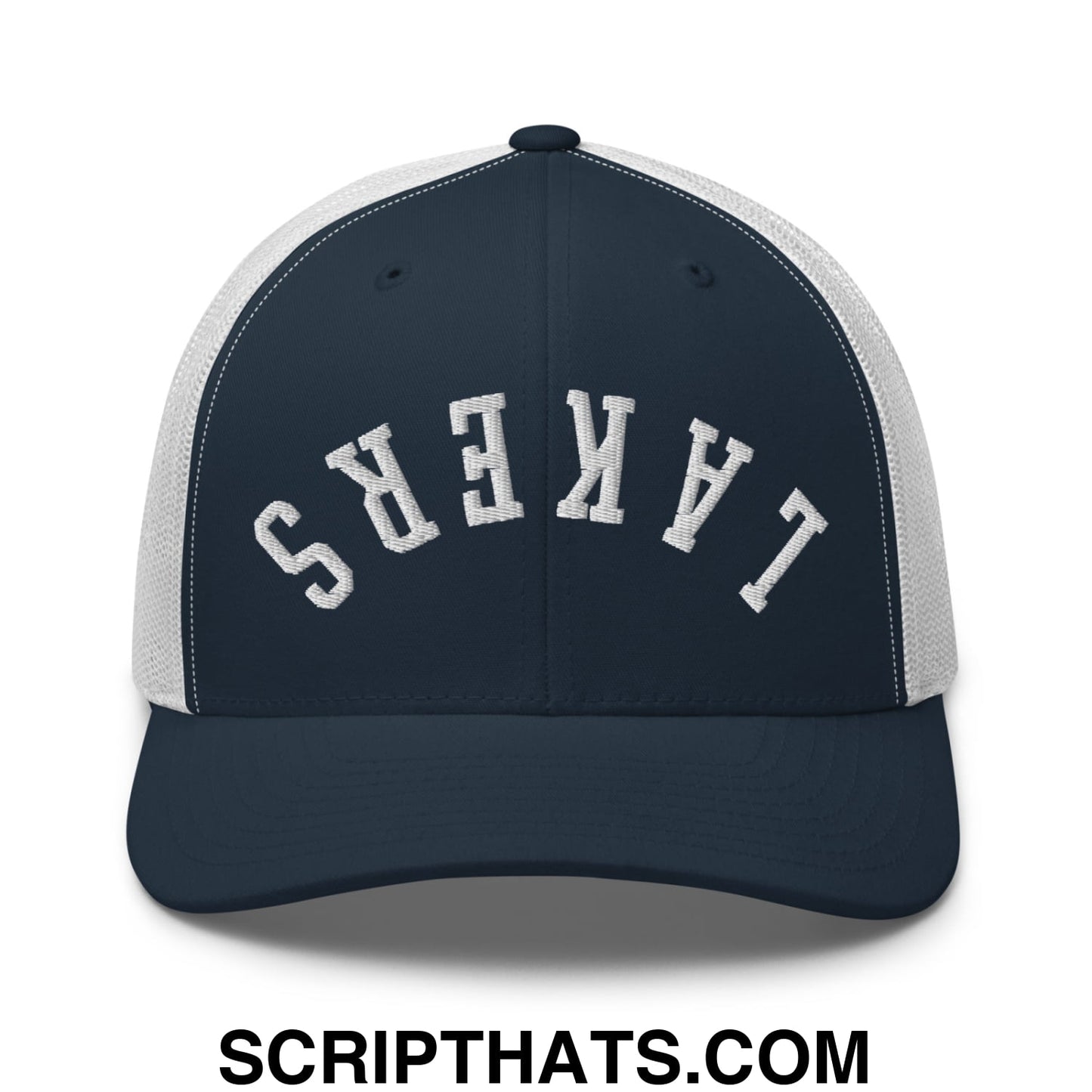 Navy blue and white mesh trucker hat with lakers embroidered in textured white lettering on front panel