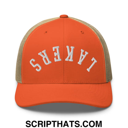 Orange and tan mesh trucker hat with white embroidered lakers lettering in an upside down design