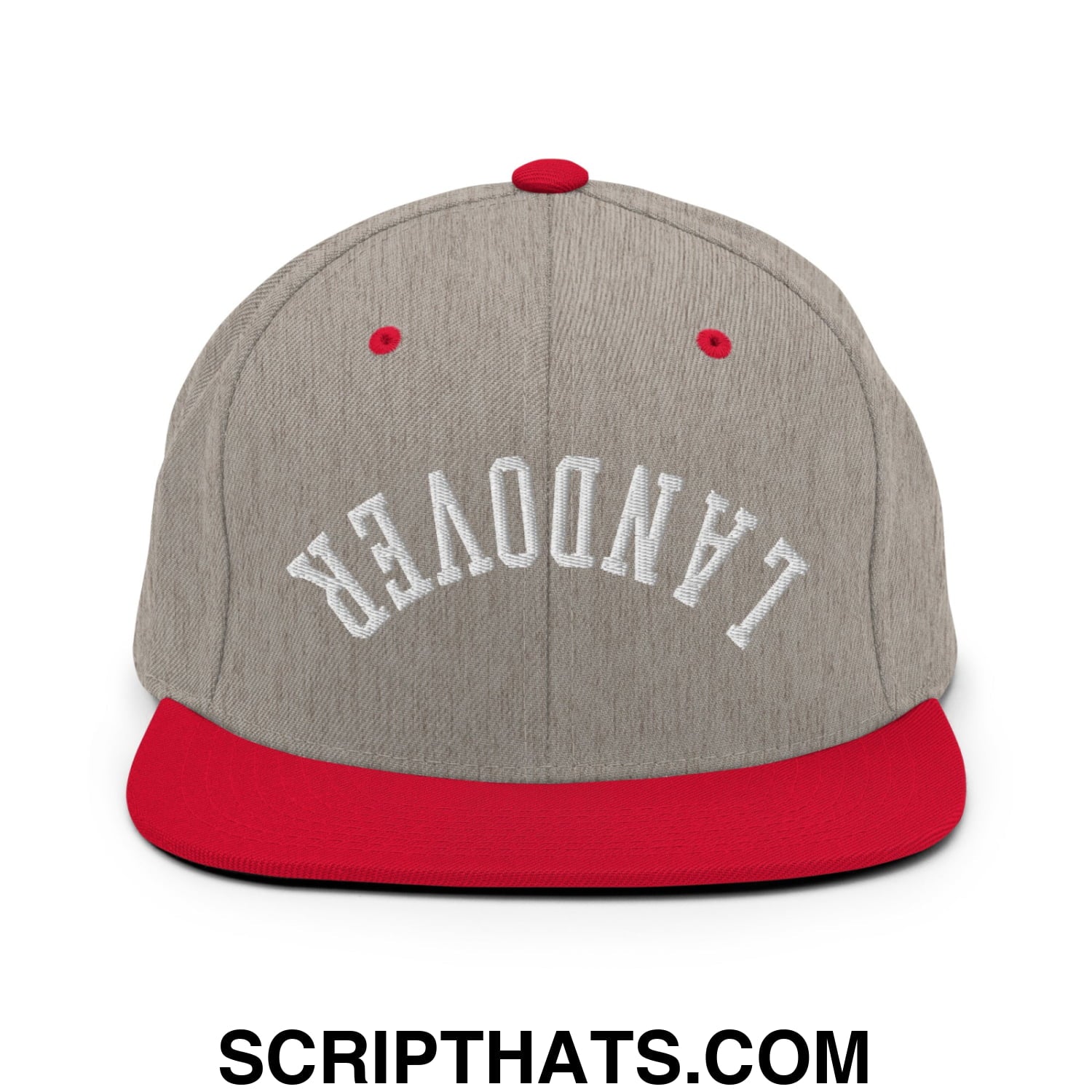 Upside Down Landover Embroidered Flat Bill Brim Snapback Hat Heather Grey Red