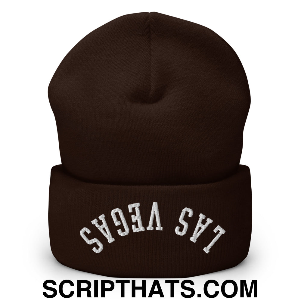 Upside Down Las Vegas Embroidered Cuffed Knit Beanie Brown
