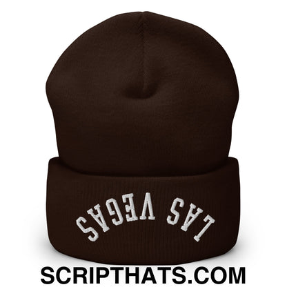 Upside Down Las Vegas Embroidered Cuffed Knit Beanie Brown