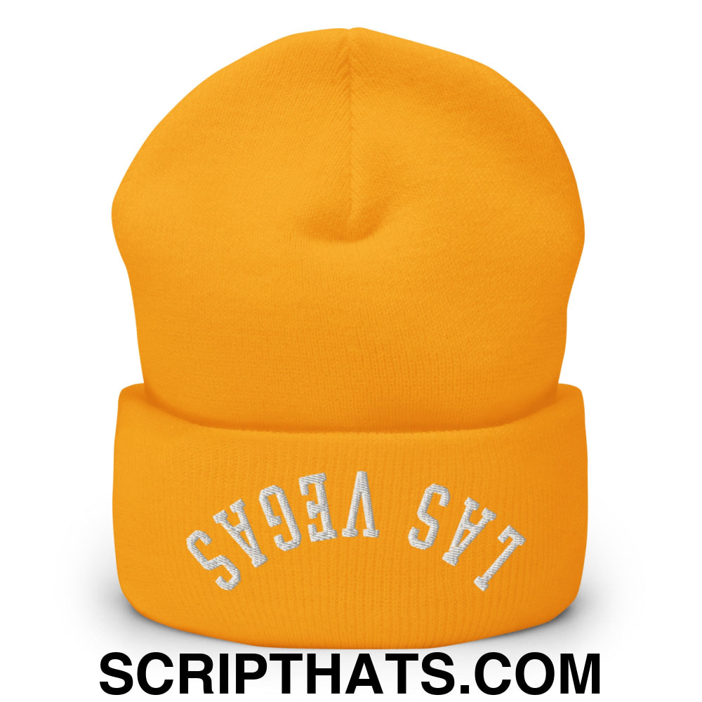 Upside Down Las Vegas Embroidered Cuffed Knit Beanie Gold