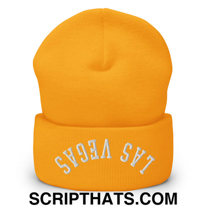 Upside Down Las Vegas Embroidered Cuffed Knit Beanie Gold