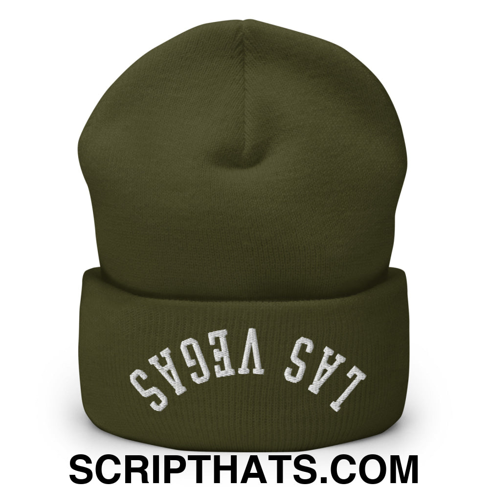 Upside Down Las Vegas Embroidered Cuffed Knit Beanie Olive