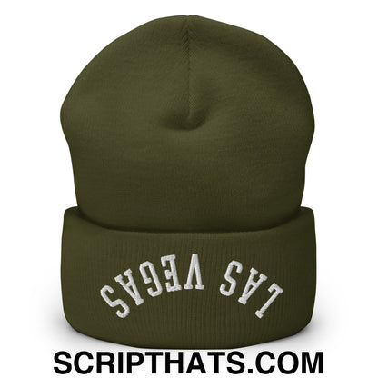 Upside Down Las Vegas Embroidered Cuffed Knit Beanie Olive