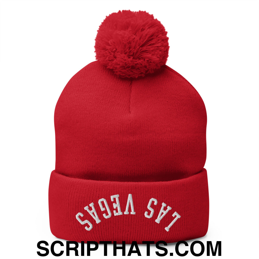 Upside Down Las Vegas Embroidered Pom Pom Knit Beanie Red