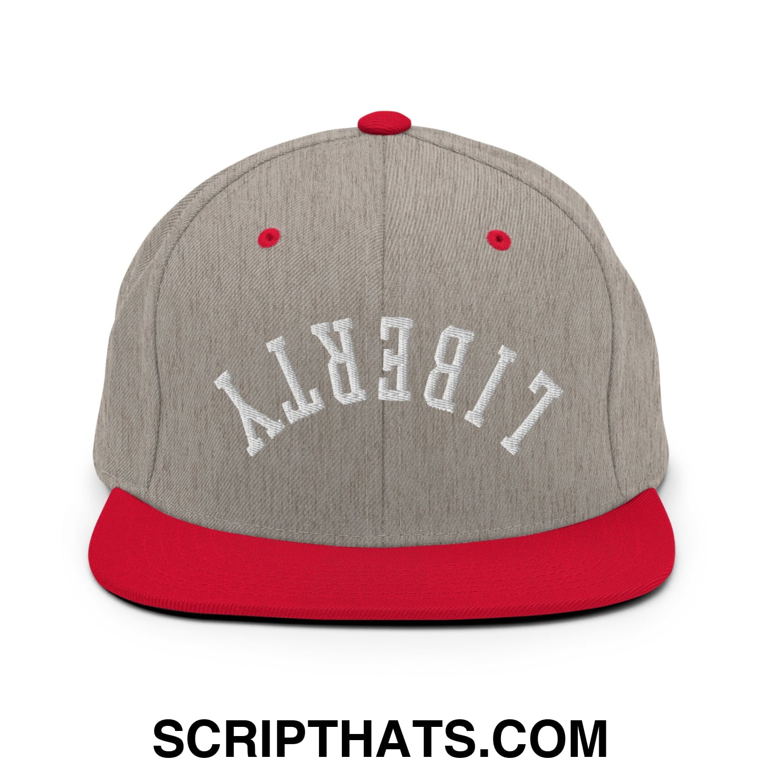 Upside Down Liberty Embroidered Flat Bill Brim Snapback Hat Heather Grey Red